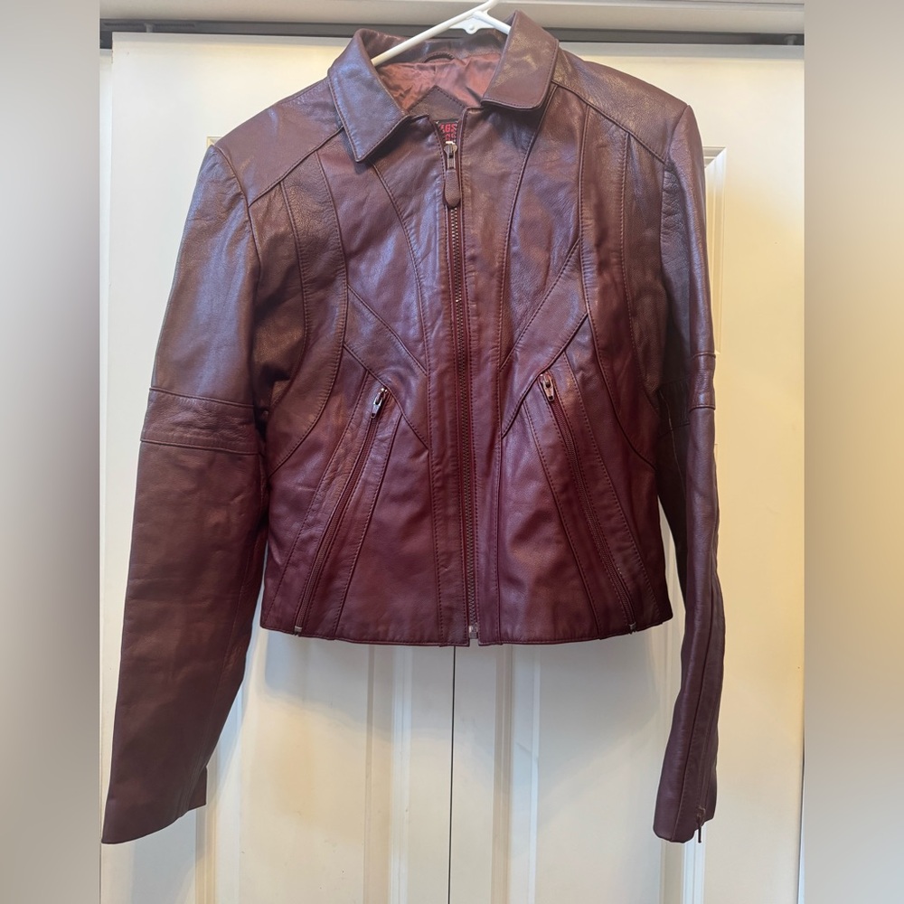 Vintage Mr Rags Maroon Red Cropped Moto Leather Jacket Zippers Small/Medium